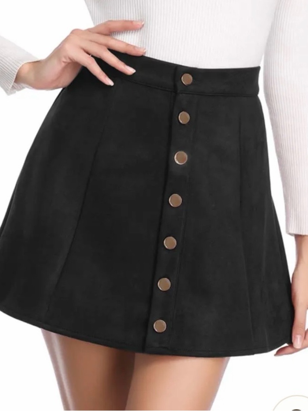Fuinloth Black High Waisted Suede A-line Mini Skirt with Gold Buttons Large